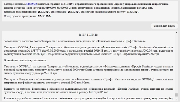Справа № 545/39/23: На половину зменшити позовні вимоги Профіт Капітал